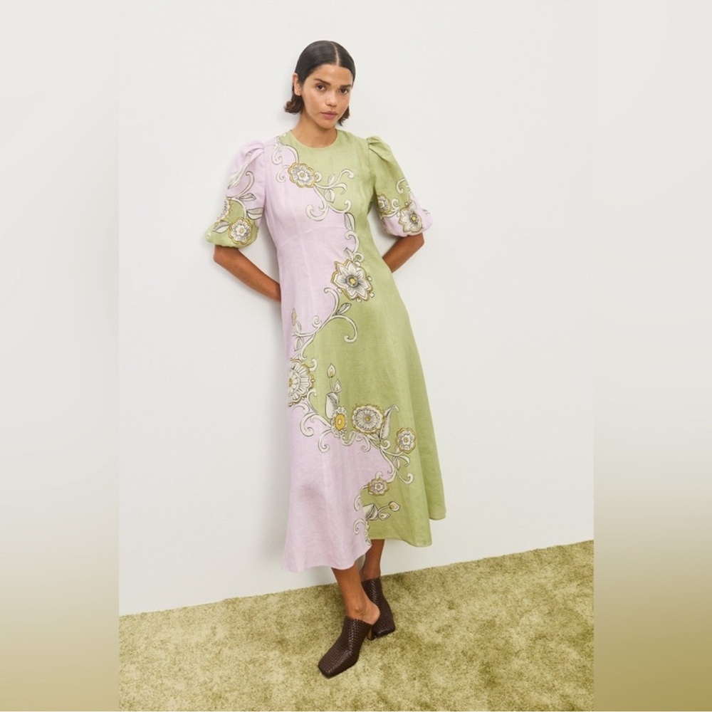 Floral Embroidered Green and Pink Dress